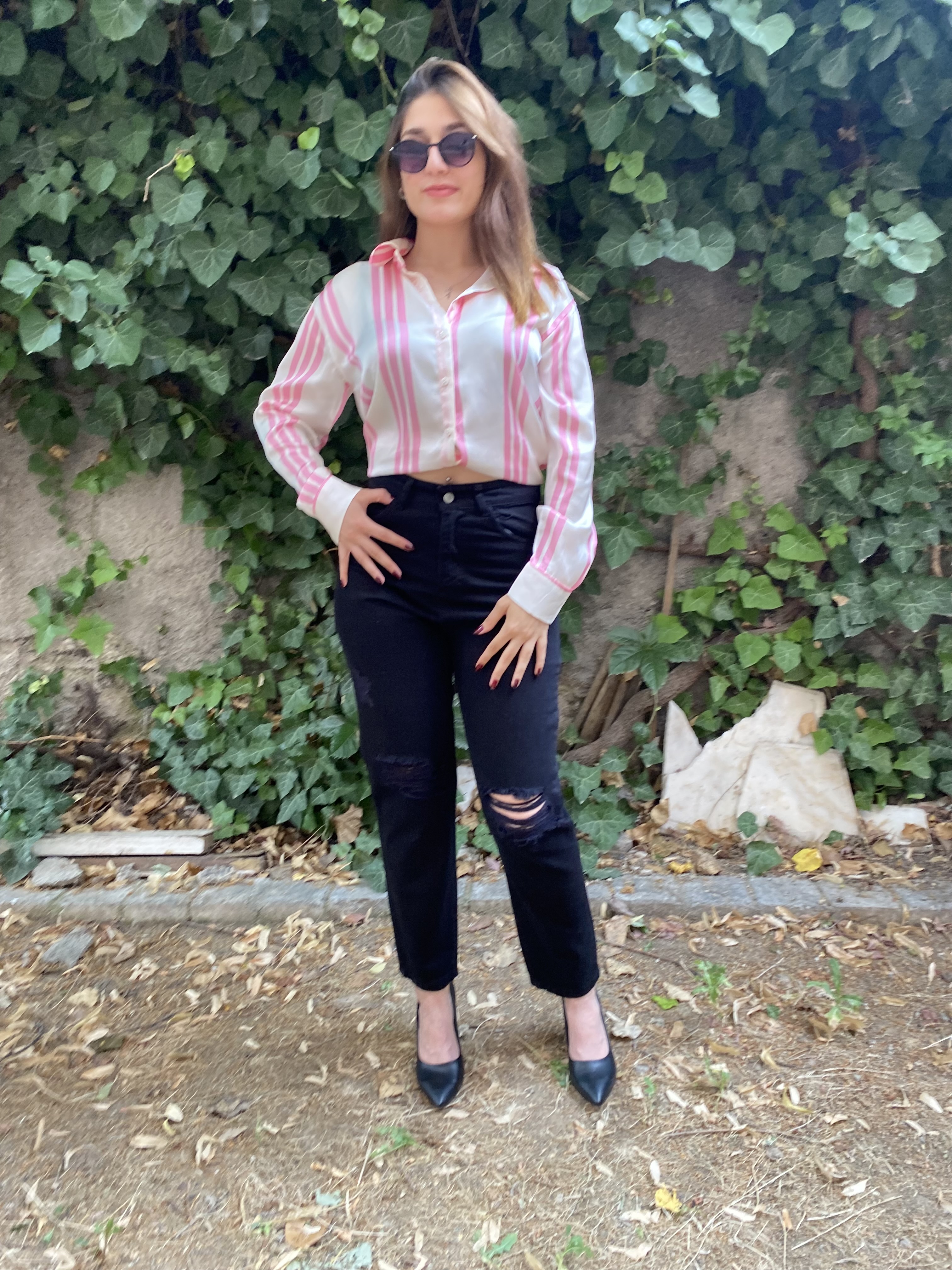 Oversize Pembe & Krem Çizgili Saten Gömlek