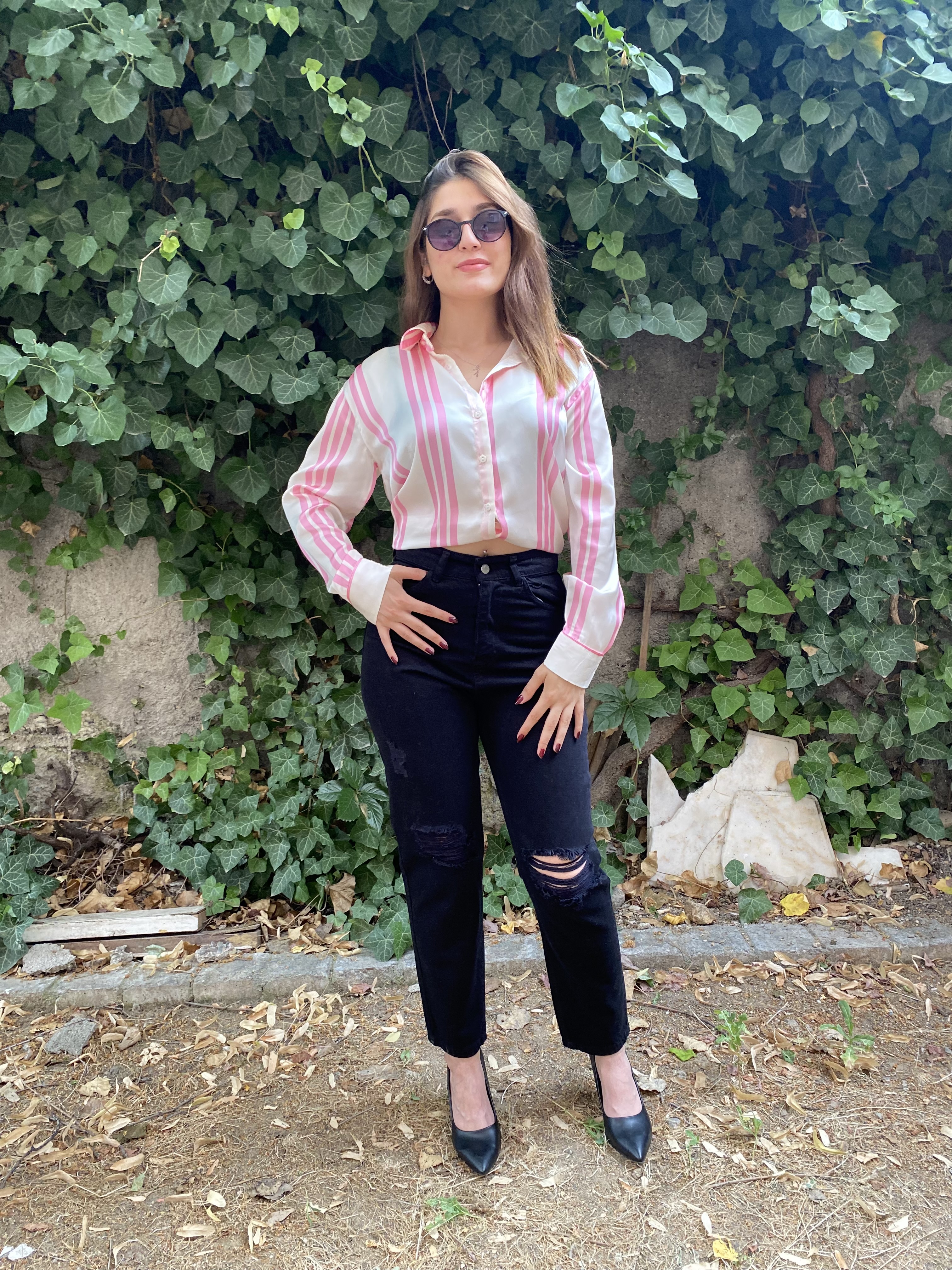Oversize Pembe & Krem Çizgili Saten Gömlek