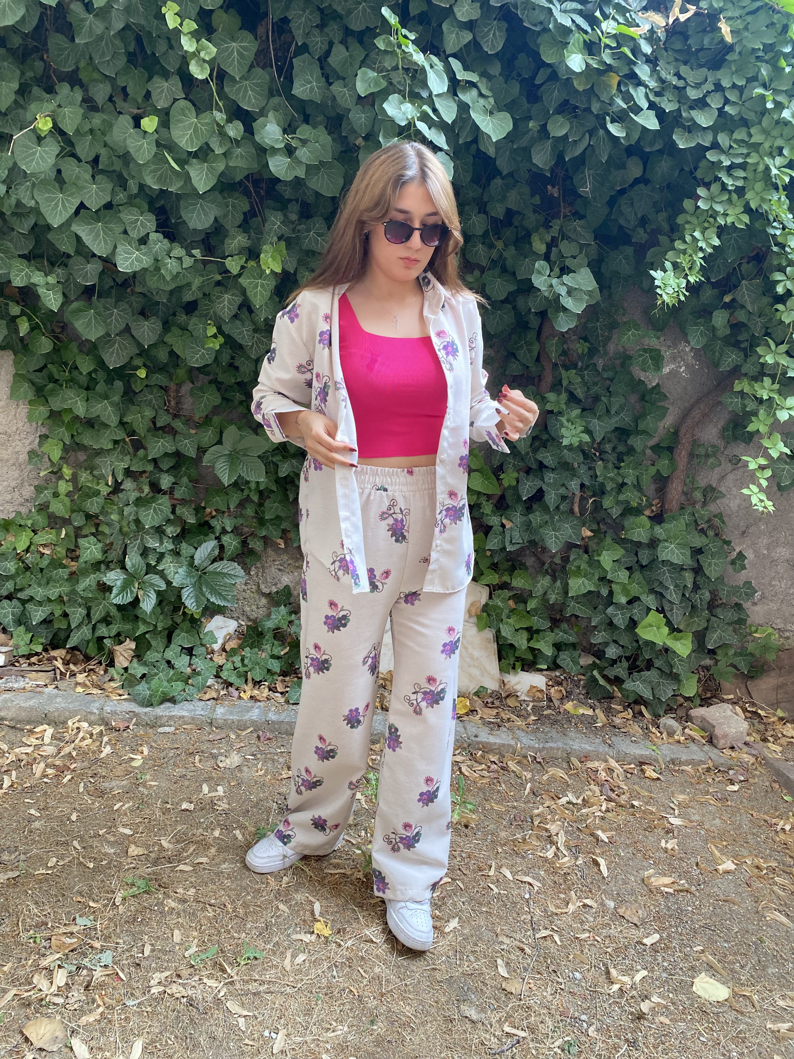 Oversize Çicek Desenli Gömlek Beli Lastikli Keten Takım