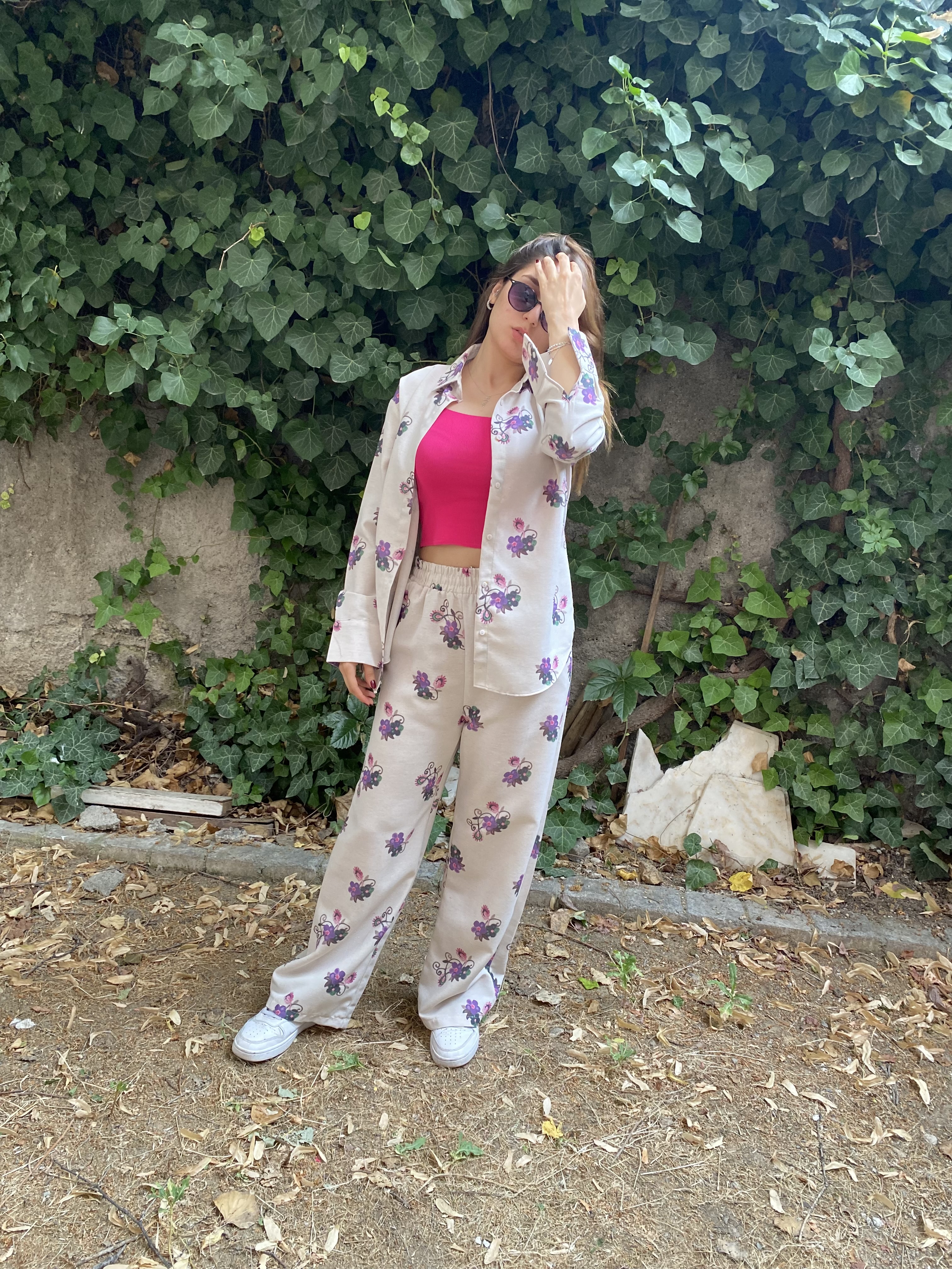 Oversize Çicek Desenli Gömlek Beli Lastikli Keten Takım