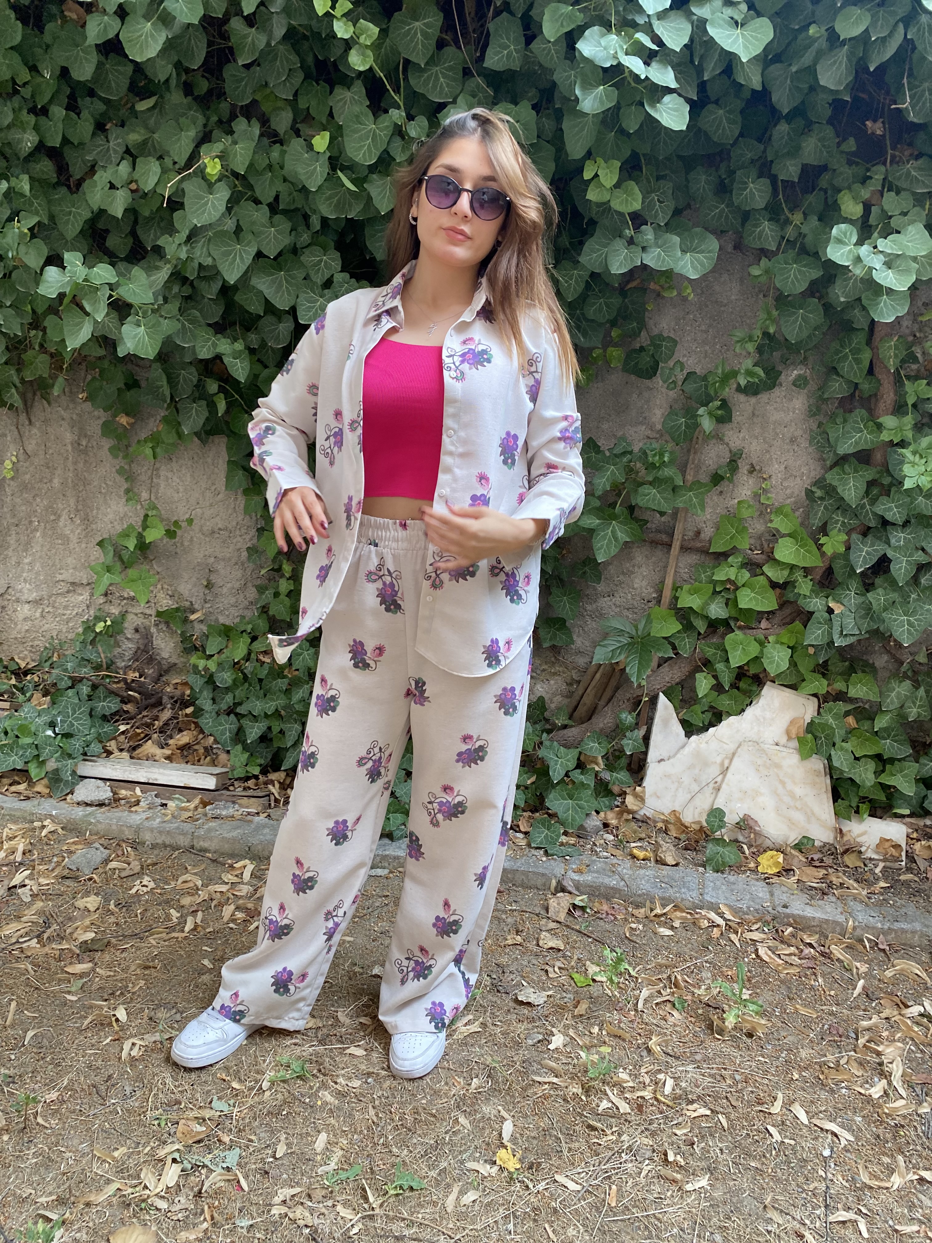 Oversize Çicek Desenli Gömlek Beli Lastikli Keten Takım