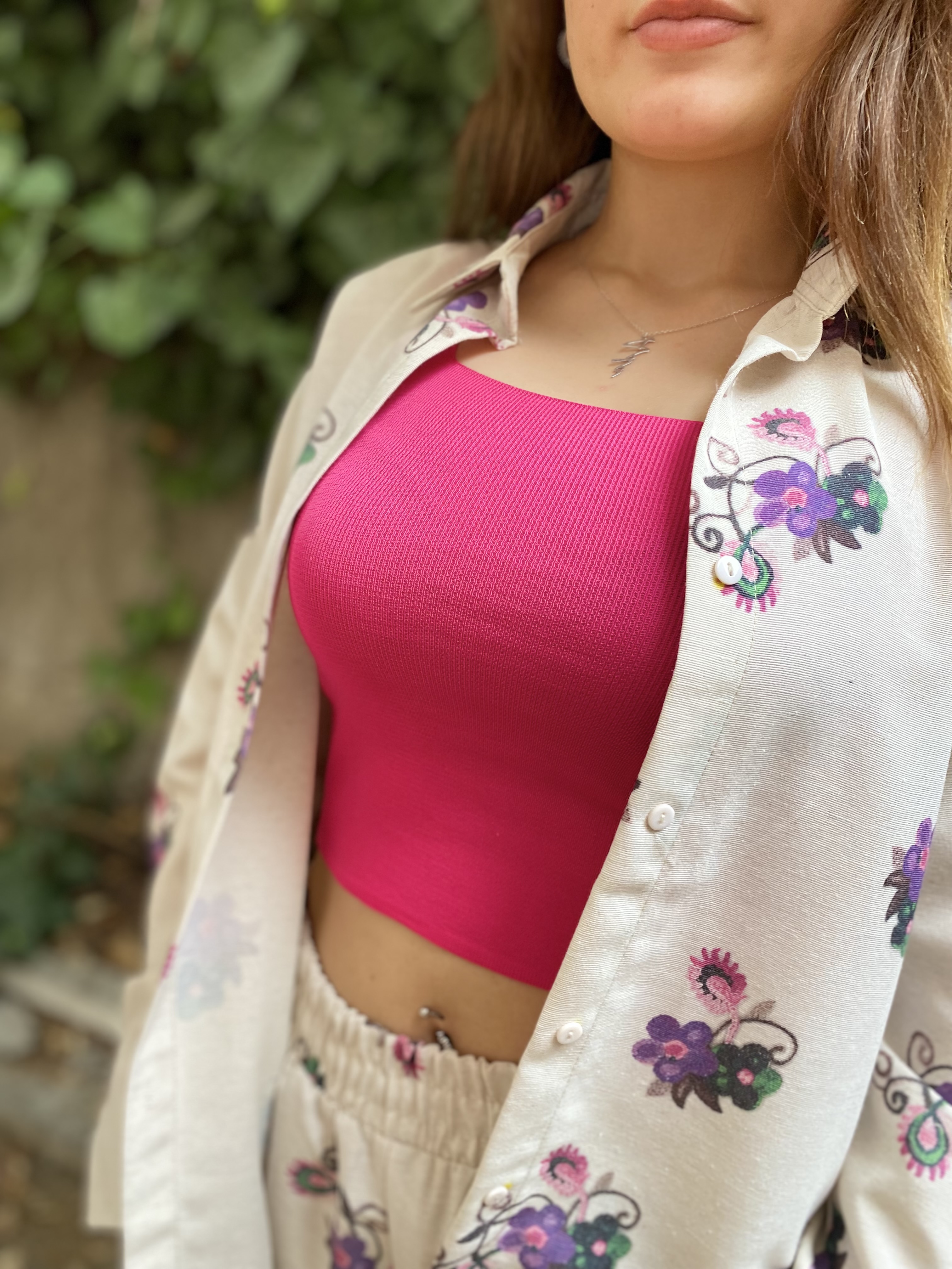 Oversize Çicek Desenli Gömlek Beli Lastikli Keten Takım