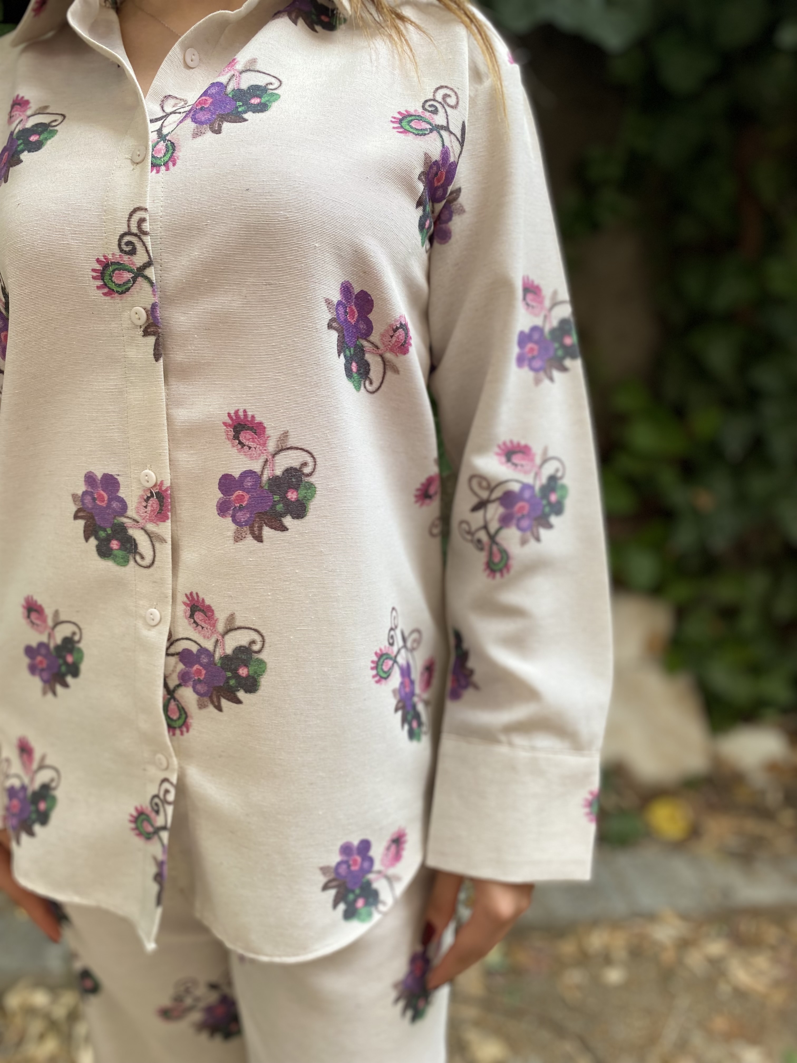 Oversize Çicek Desenli Gömlek Beli Lastikli Keten Takım
