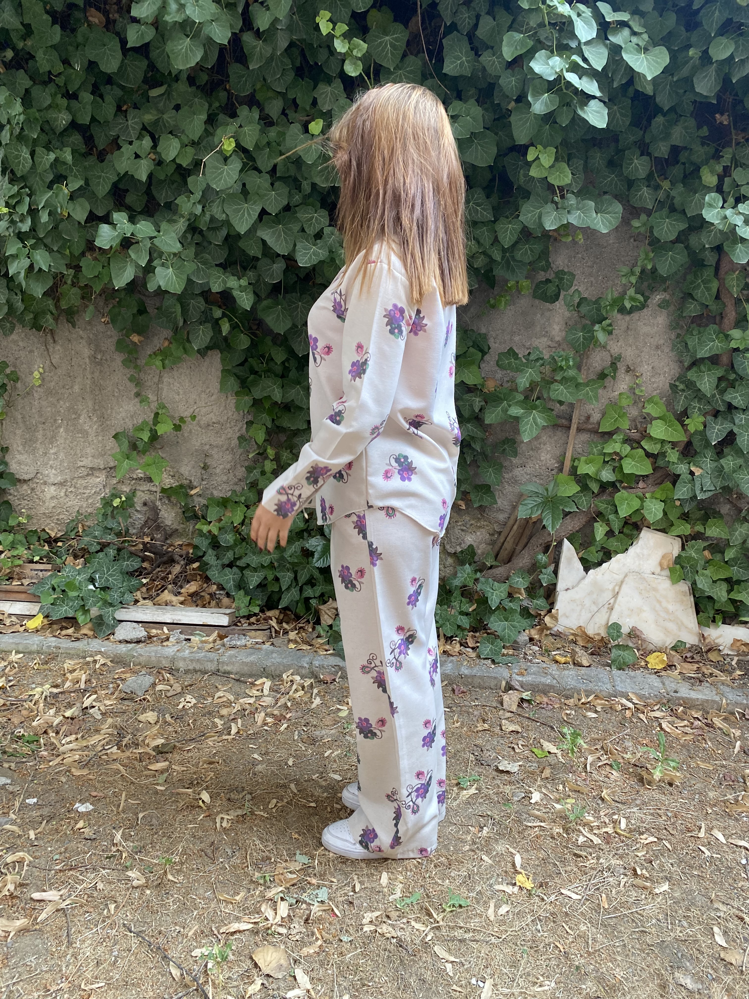 Oversize Çicek Desenli Gömlek Beli Lastikli Keten Takım