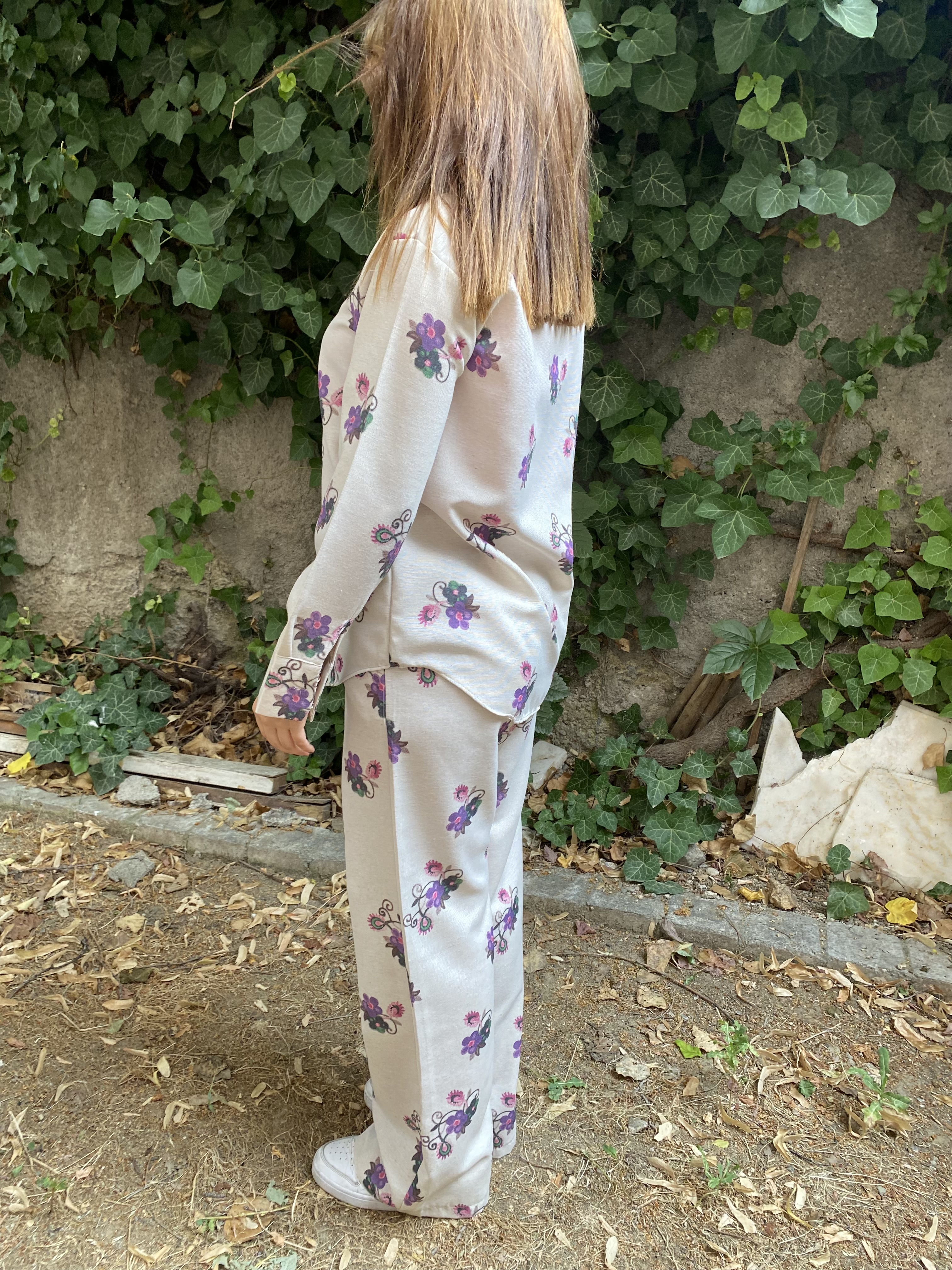 Oversize Çicek Desenli Gömlek Beli Lastikli Keten Takım
