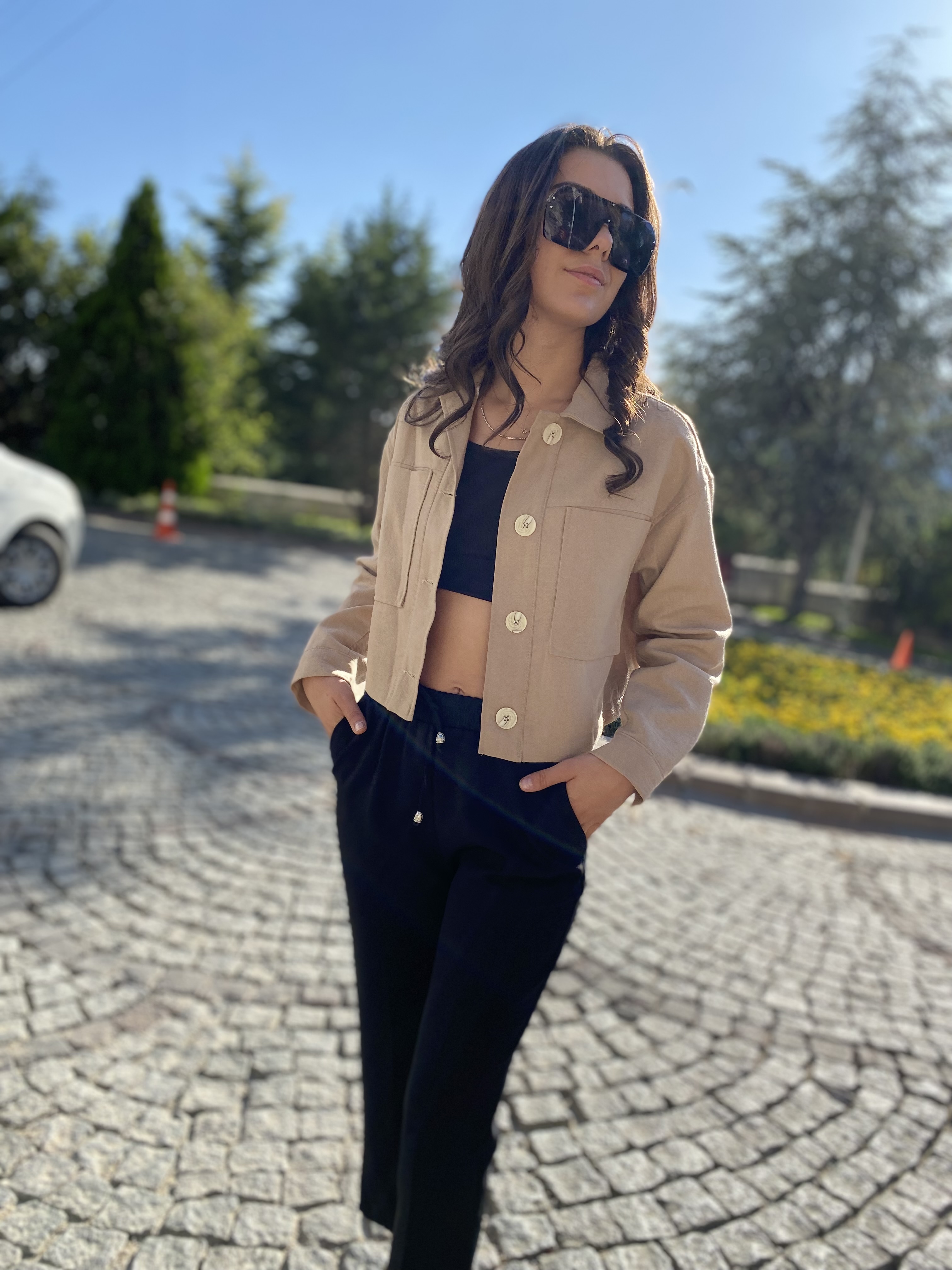 Sütlü Kahve Renkli Keten Cepli Ceket