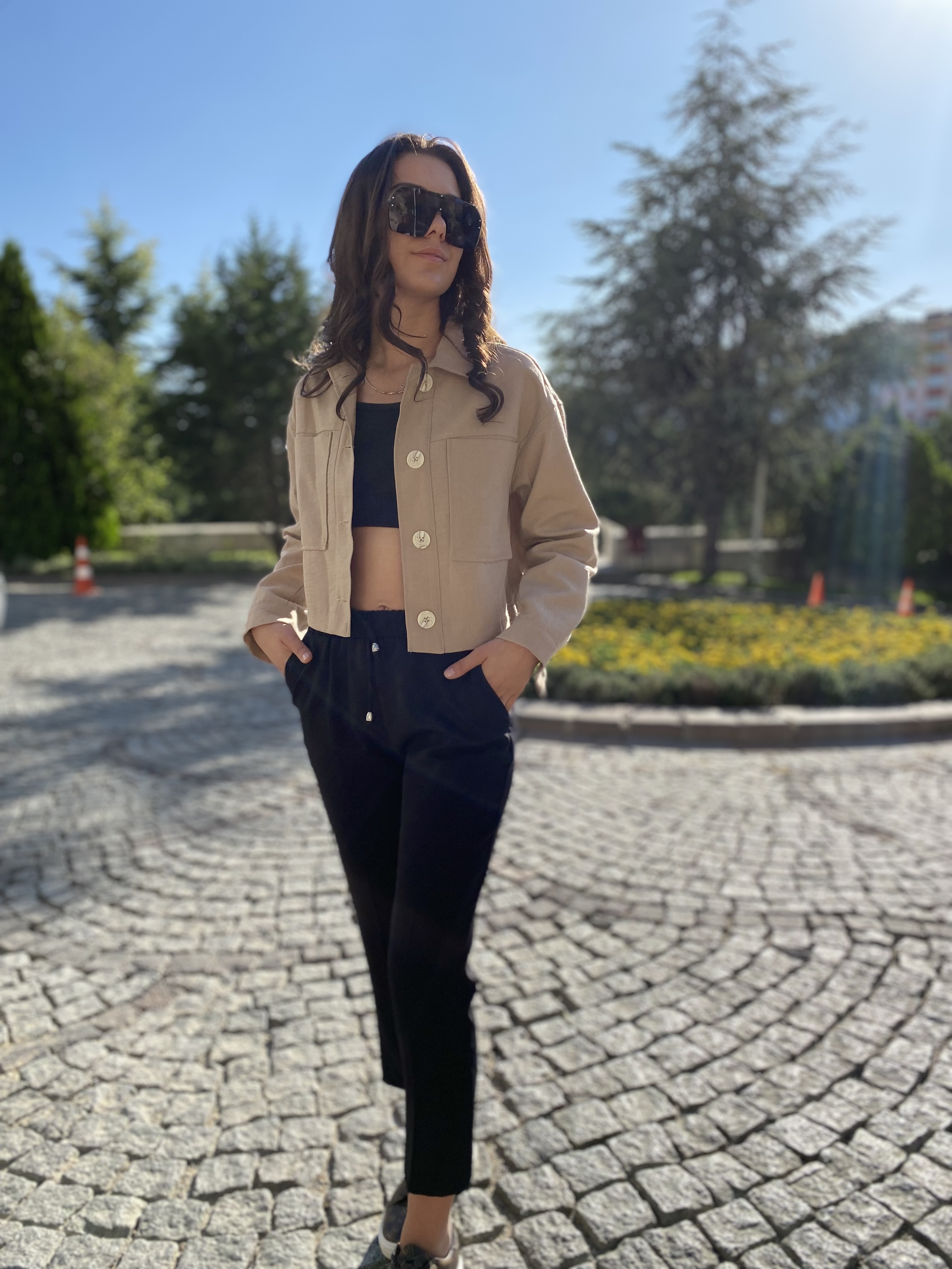 Sütlü Kahve Renkli Keten Cepli Ceket