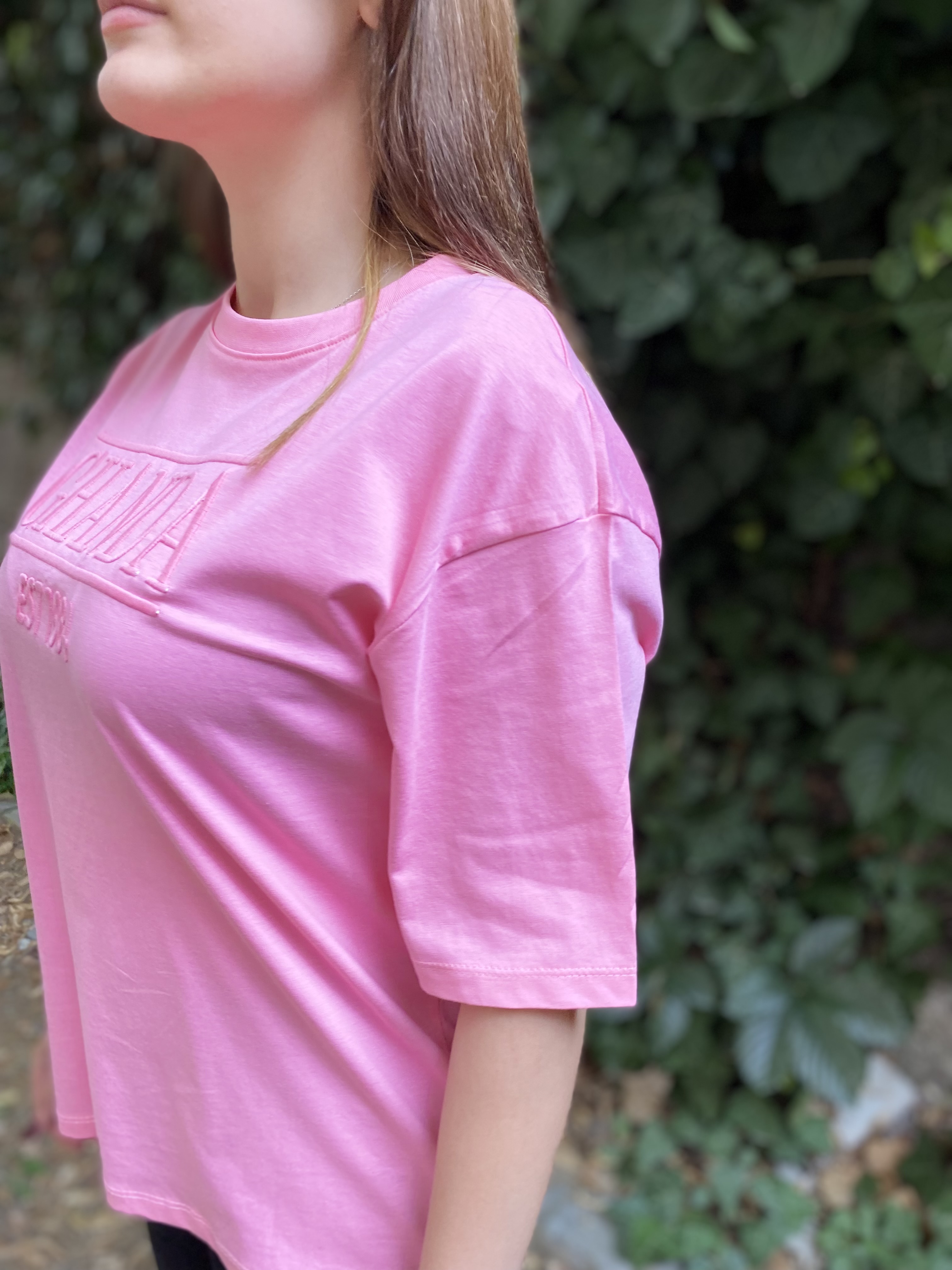 Şeker Pembe Kabartmalı Oversize Tshirt
