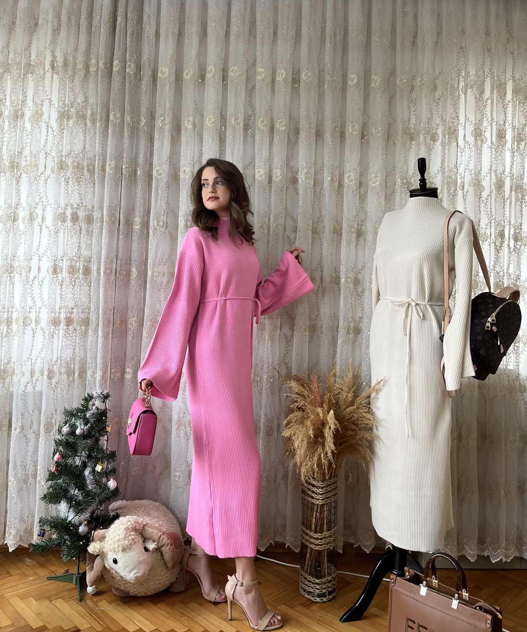 Pembe Basic Fitilli Triko Elbise