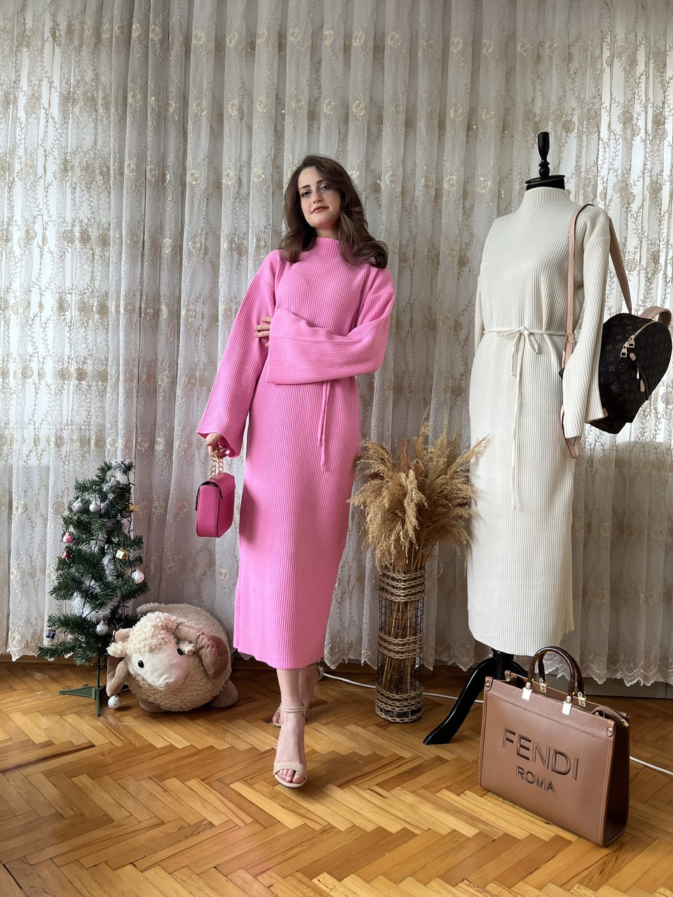 Pembe Basic Fitilli Triko Elbise