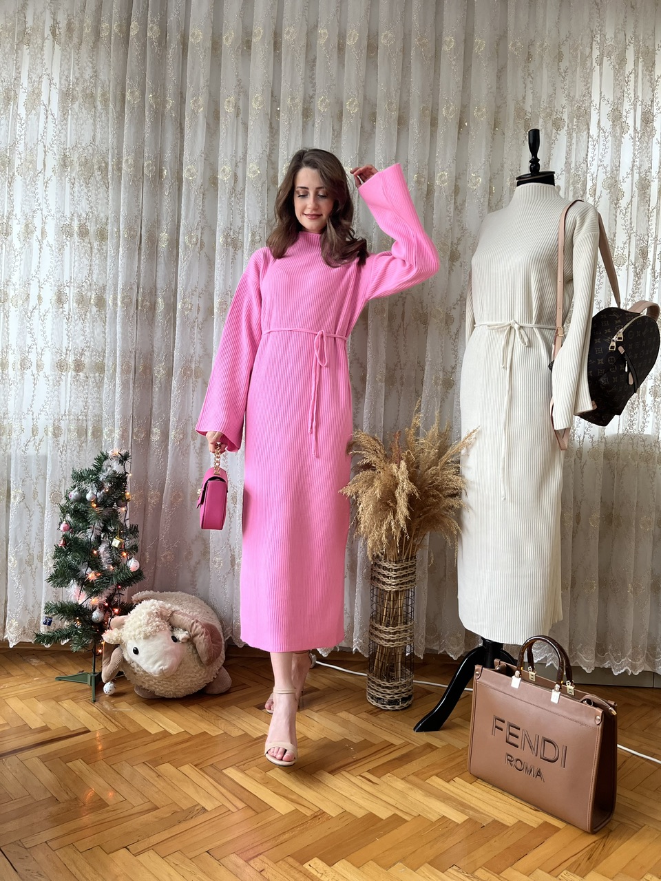 Pembe Basic Fitilli Triko Elbise
