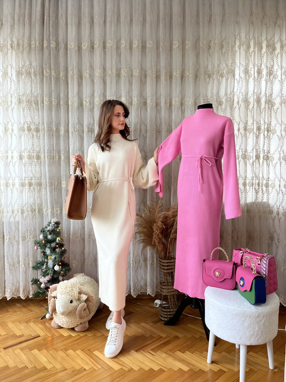 Krem Basic Fitilli Triko Elbise