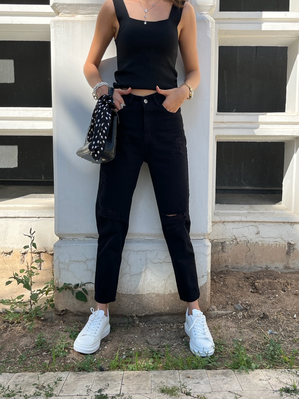 Mom siyah Yırtık Jean