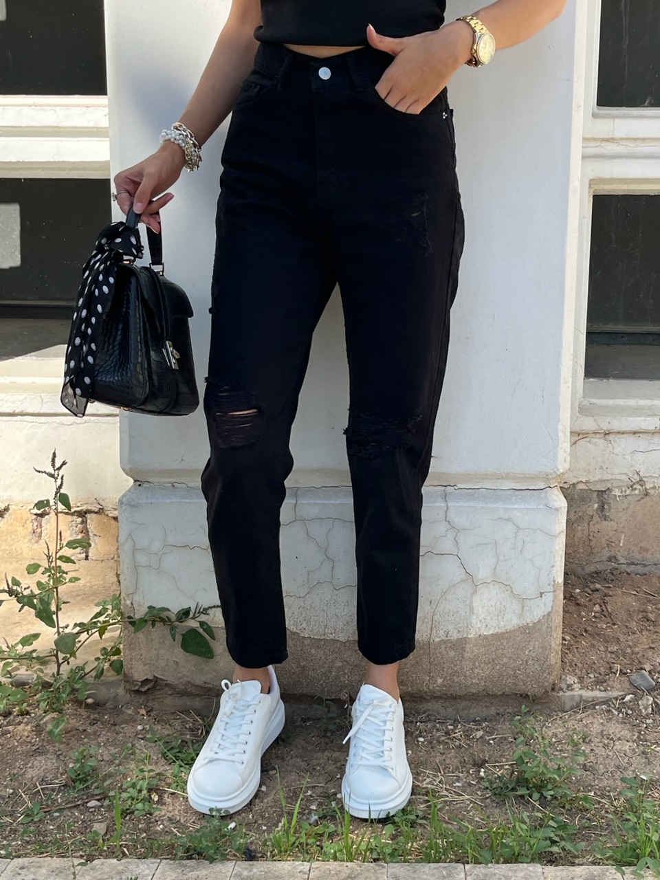 Mom siyah Yırtık Jean