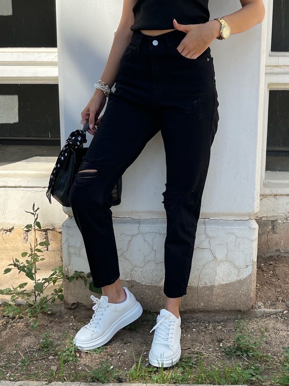 Mom siyah Yırtık Jean
