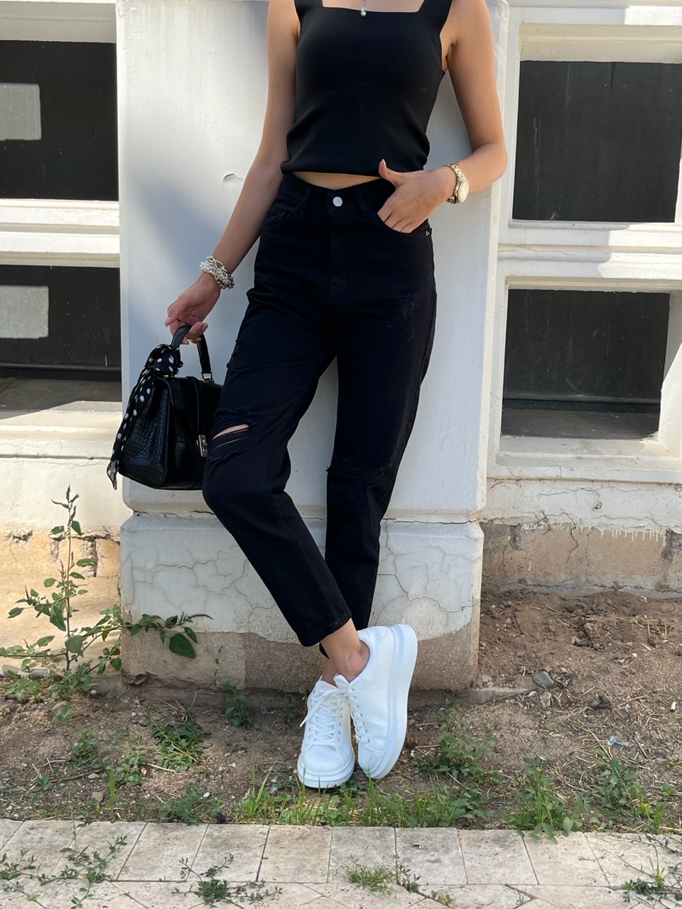 Mom siyah Yırtık Jean