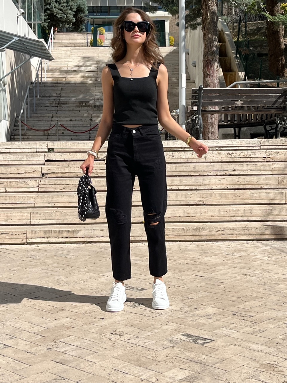 Mom siyah Yırtık Jean
