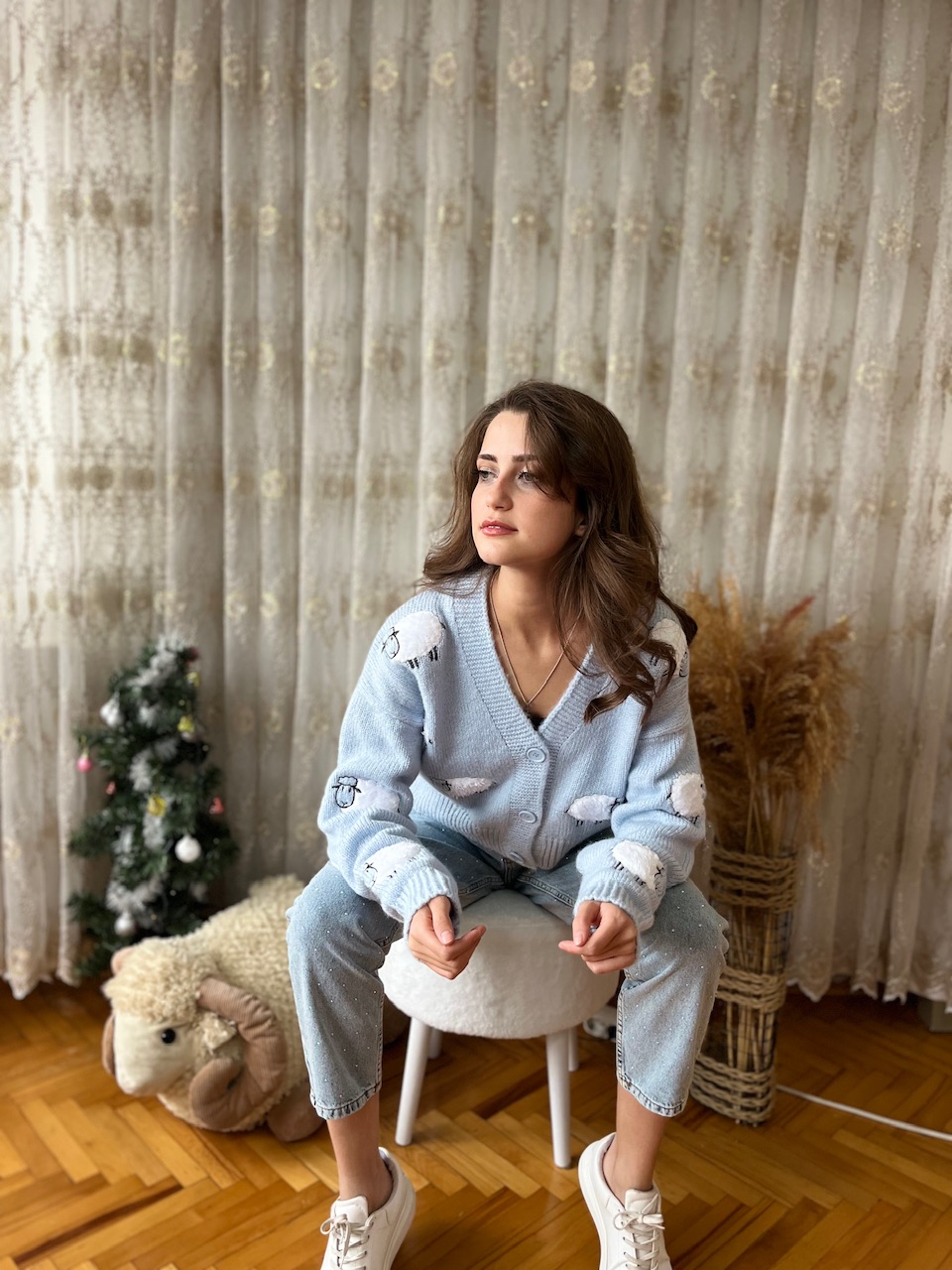 Kuzu Baskılı Mavi Hırka