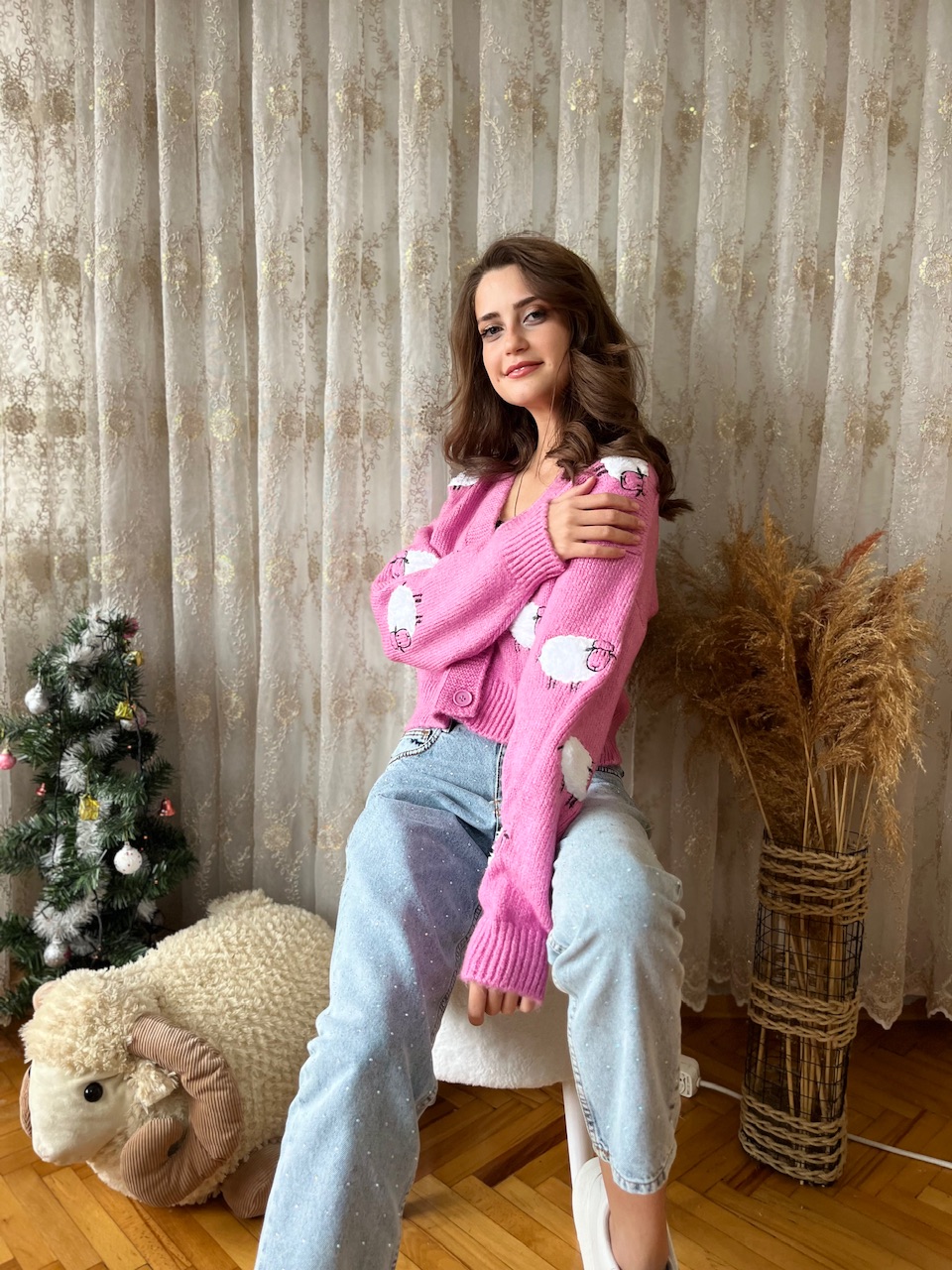 Kuzu Baskılı Pembe Hırka