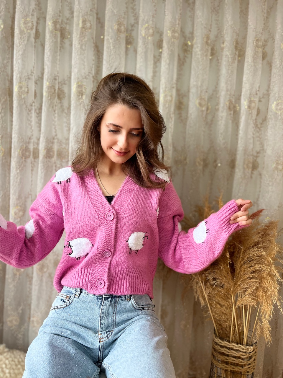 Kuzu Baskılı Pembe Hırka