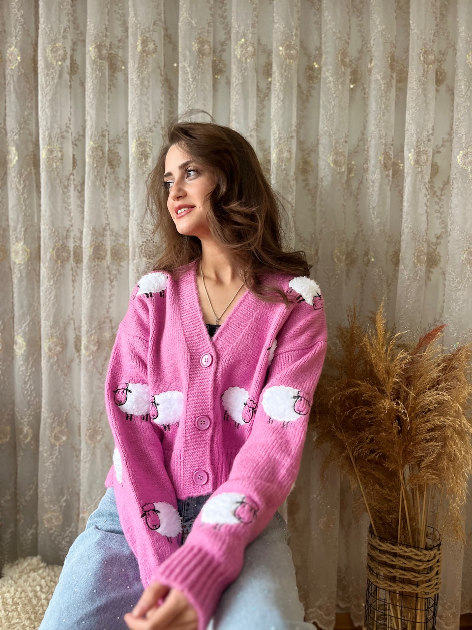 Kuzu Baskılı Pembe Hırka