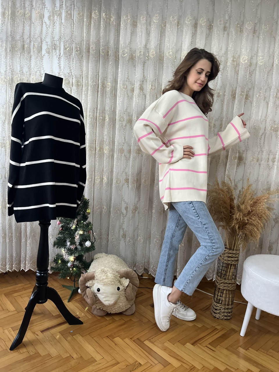Pembe Çizgili Triko Kazak