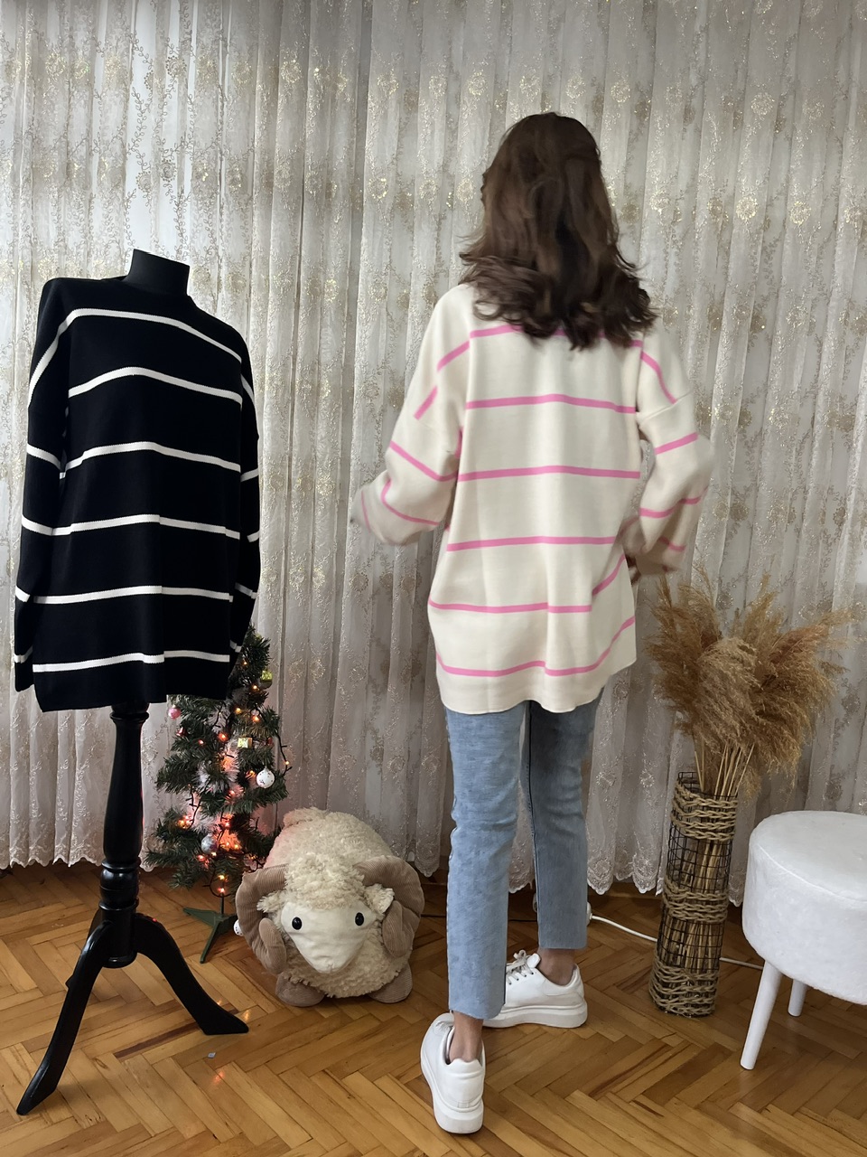 Pembe Çizgili Triko Kazak