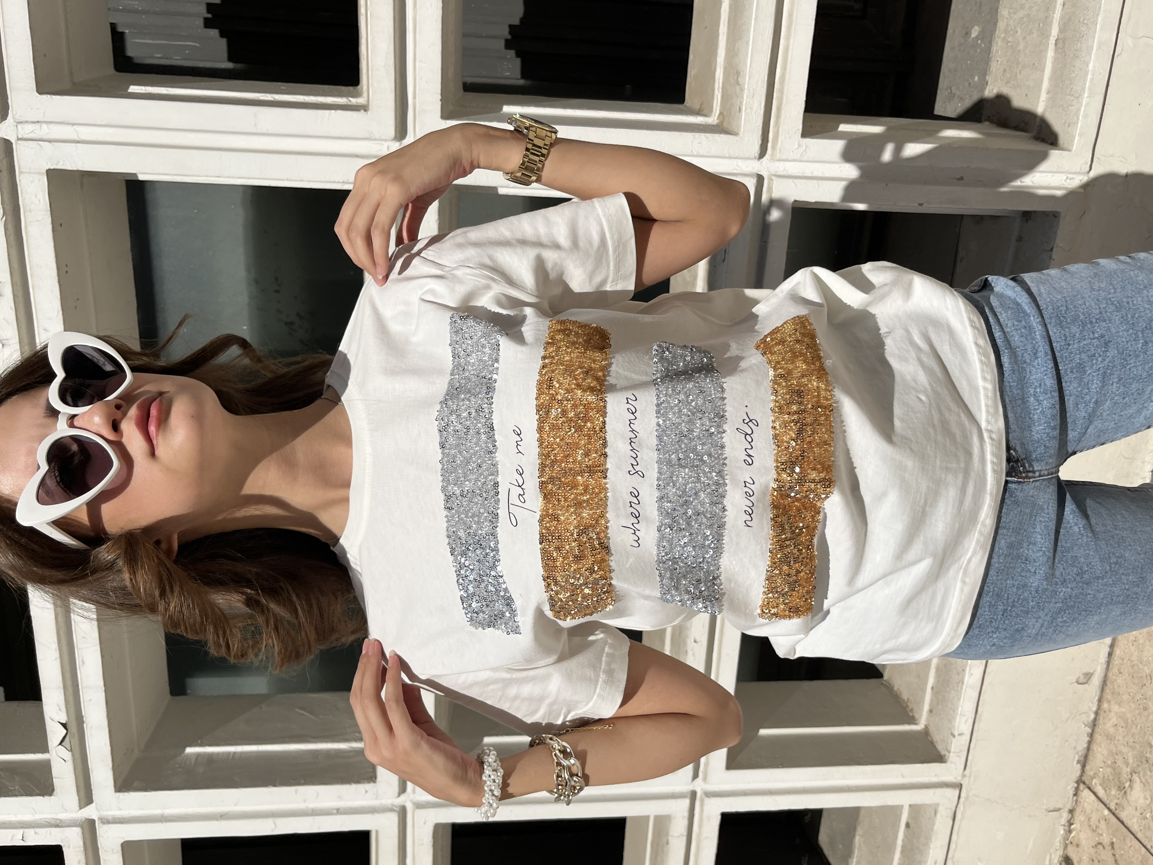 Ekru Pul Detaylı T-shirt