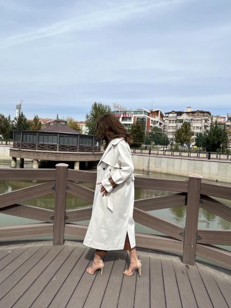 Krem Yün Leather Cuff Kaşe Kaban