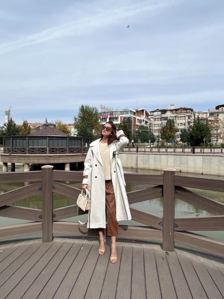 Krem Yün Leather Cuff Kaşe Kaban
