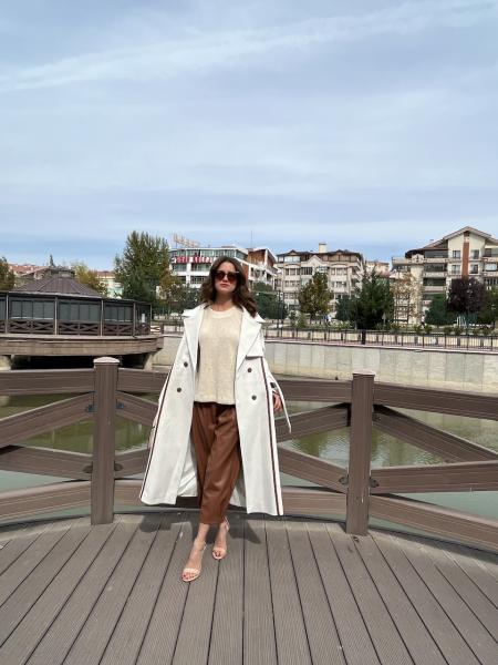 Krem Yün Leather Cuff Kaşe Kaban