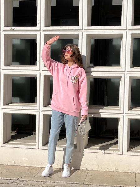 Pembe Kapüşonlu Sweat
