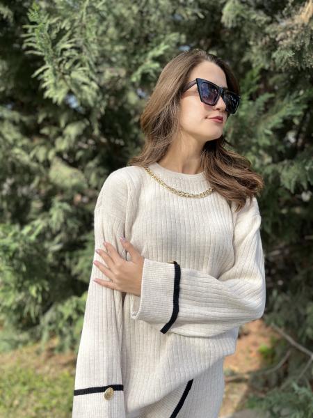 Taş Rengi Zincir Detaylı Triko Takım