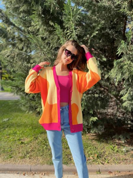 Dalga Desenli Turuncu - Sarı - Pembe Renkli Hırka