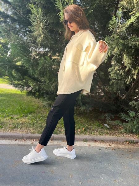 Ekru Çelik Örgü Yarasa Kol Hırka