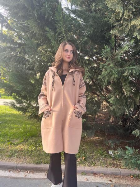 Camel Kapüşonlu Etnik Desen Kaşe