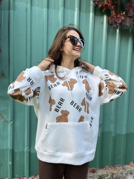 Ayıcık Baskılı Kapüşonlu Sweatshirt