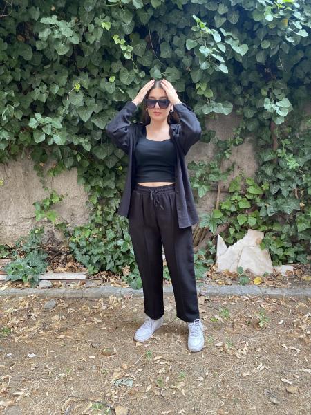 Oversize Gömlek Beli Lastikli Keten Pantolon Takım