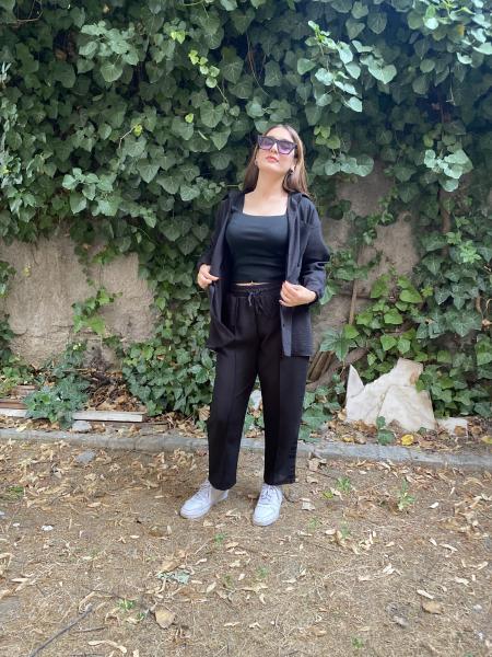 Oversize Gömlek Beli Lastikli Keten Pantolon Takım