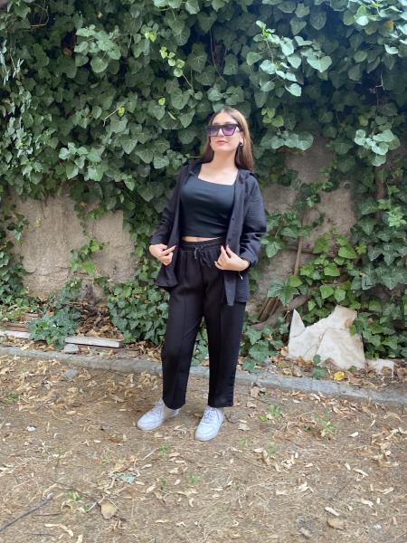 Oversize Gömlek Beli Lastikli Keten Pantolon Takım