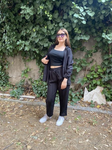 Oversize Gömlek Beli Lastikli Keten Pantolon Takım