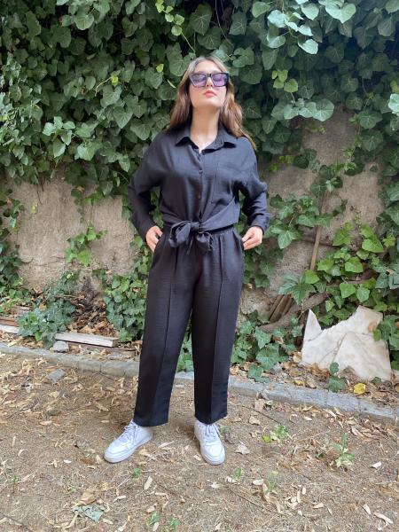 Oversize Gömlek Beli Lastikli Keten Pantolon Takım