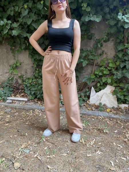 Beli Lastikli Cappuccino Keten Pantolon