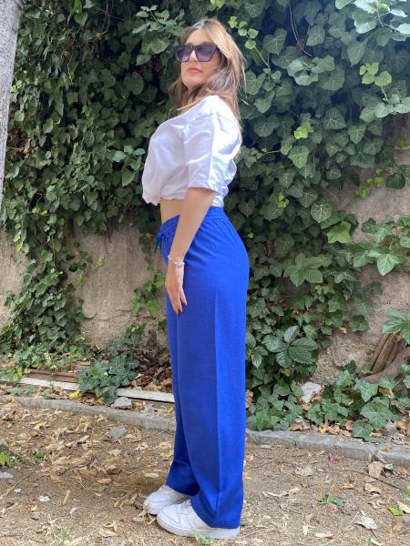 Beli Lastikli Saks Mavisi Keten Pantolon