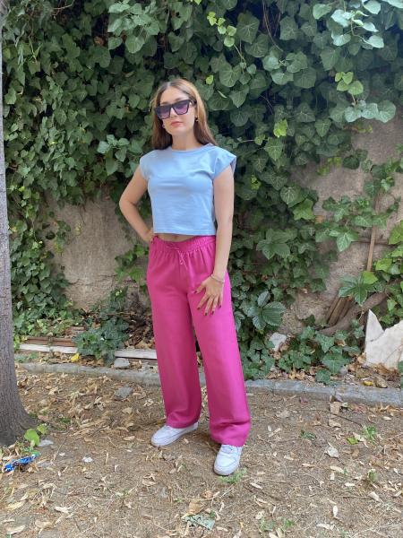 Beli Lastikli Pembe Keten Pantolon