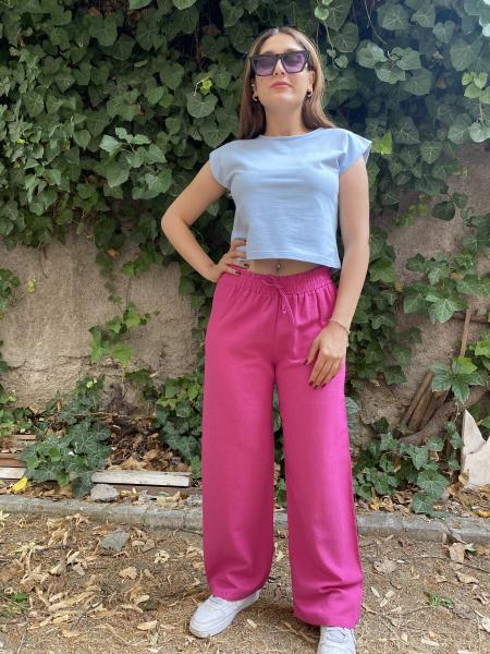 Beli Lastikli Pembe Keten Pantolon