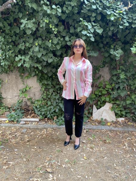 Oversize Pembe & Krem Çizgili Saten Gömlek