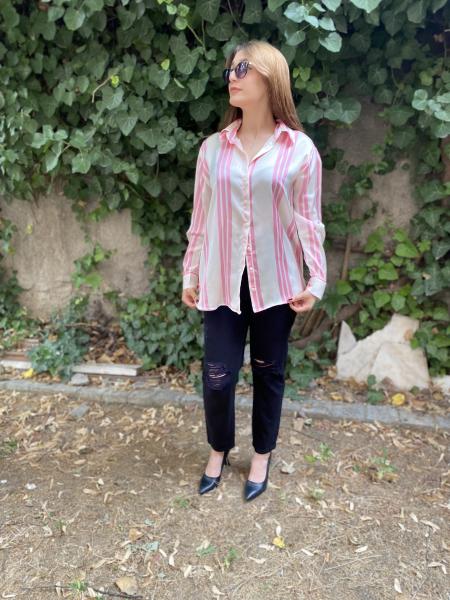 Oversize Pembe & Krem Çizgili Saten Gömlek