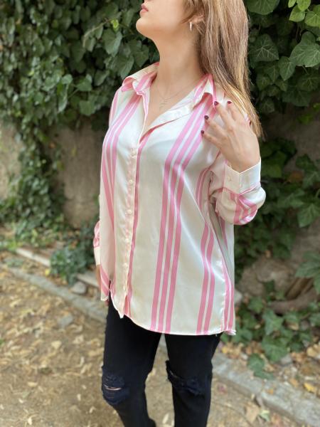 Oversize Pembe & Krem Çizgili Saten Gömlek
