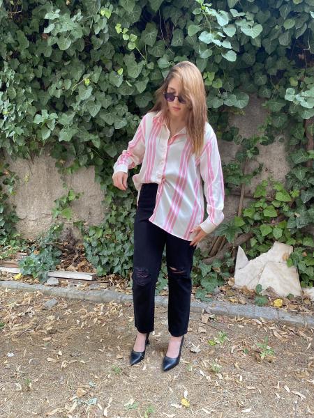 Oversize Pembe & Krem Çizgili Saten Gömlek